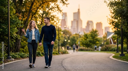 Happy young couple holding hands and walking in city park at sunset with skyline background. Romantic urban dating lifestyle concept.