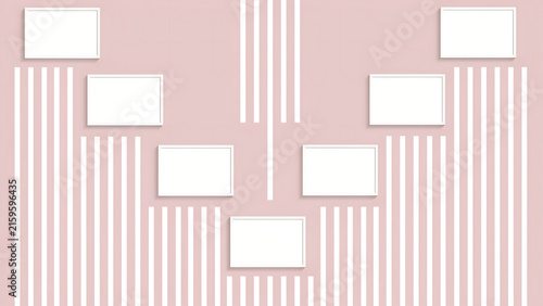 Multiple empty photo frames gallery wall mockup on pink vertical striped