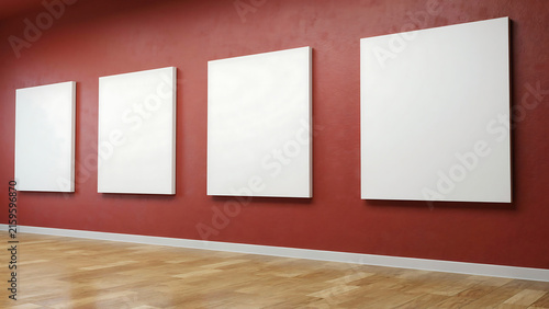 Four large white blank canvases mounted in a row on a red textured gallery wall