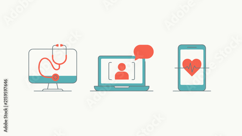 A vector illustration depicts a computer laptop and smartphone displaying medical symbols for telehealth telehealth telemedicine digital health virtual care