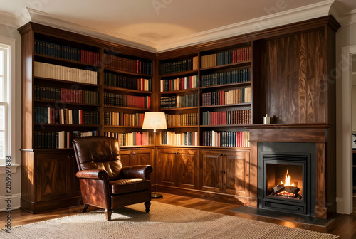 Contemporary home library with floor-to-ceiling bookshelves, leather reading chair, walnut finishes, elegant fireplace, warm ambient lighting, refined intellectual atmosphere