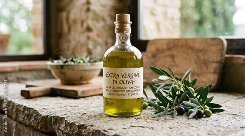 Bottle of extra virgin olive oil with fresh olive branches on a rustic stone counter