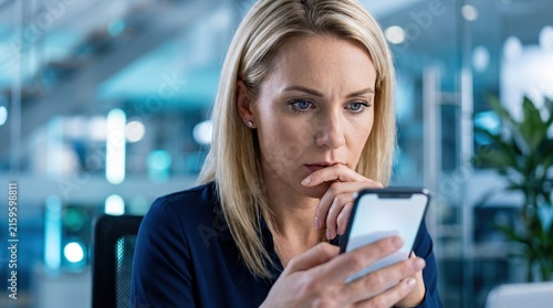 Focused businesswoman solving a digital quiz on her smartphone in a modern office