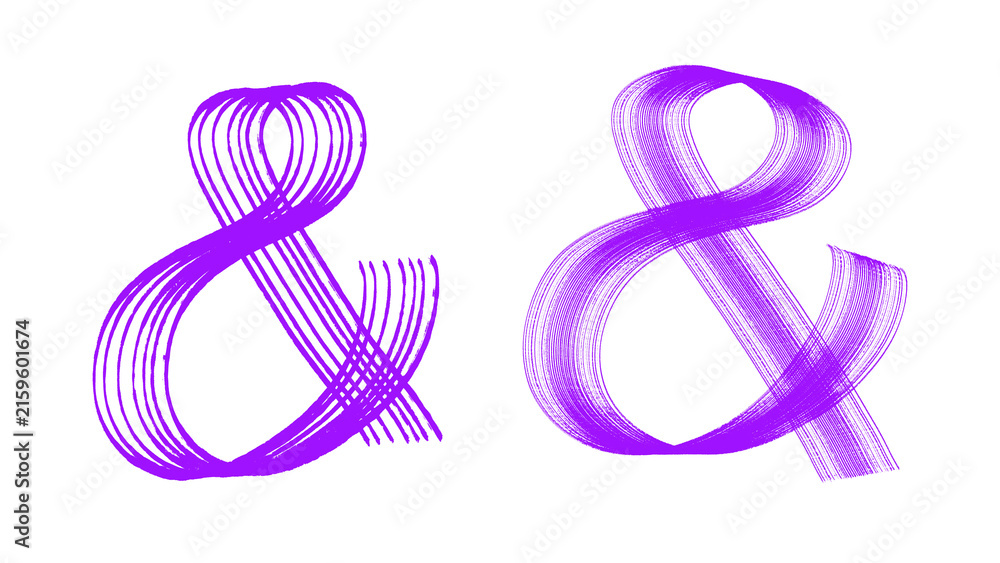 Naklejka premium Two elegant purple ampersand symbols in a stylized, flowing script, isolated on a transparent background for design and branding.