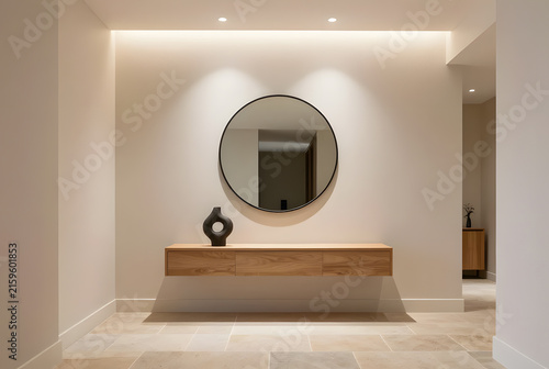High-end minimalist entryway with floating console, oversized round mirror, stone flooring, sculptural decor, warm indirect lighting, refined architectural design, luxury residence