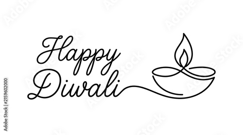 Happy diwali text with continuous line art diya lamp