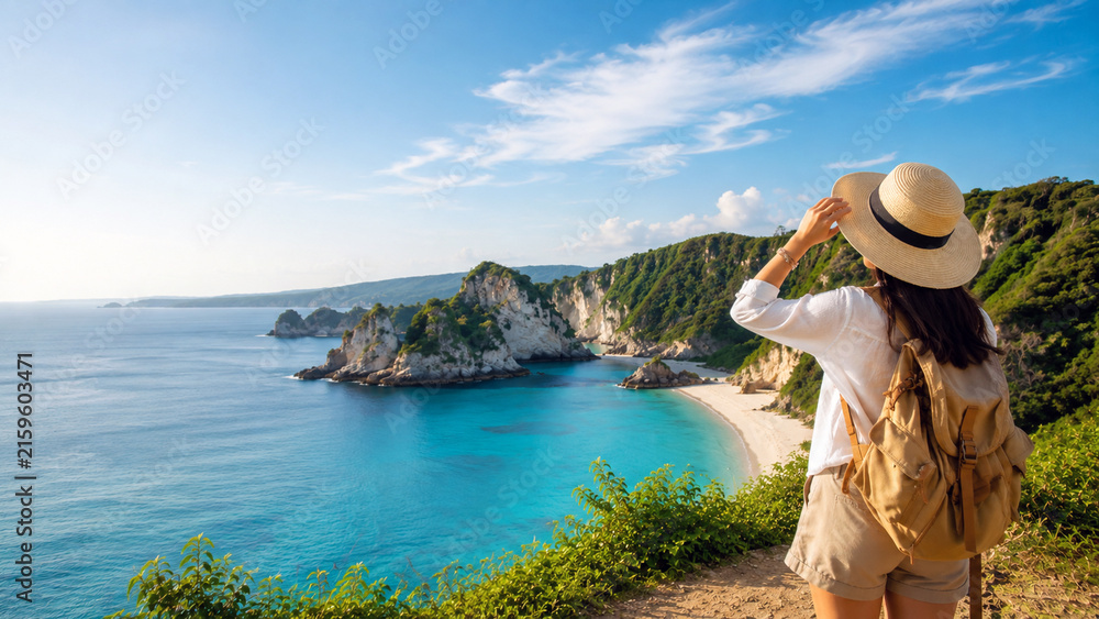 Fototapeta premium Woman with Backpack Looking at Coastal Landscape