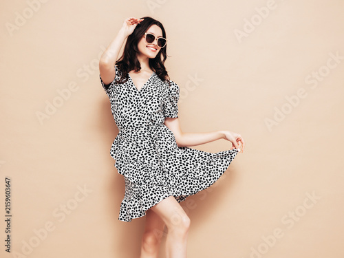 Canvastavla Young beautiful smiling female in trendy summer dress