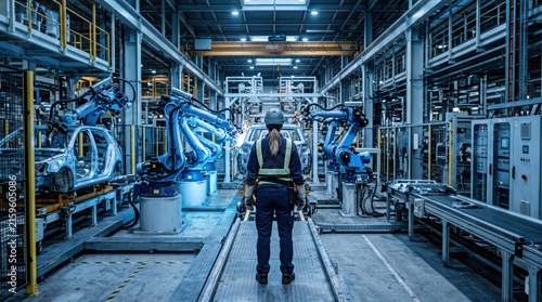 Female worker supervising robotic arms welding car frames in automated factory, industrial automation and manufacturing technology concept