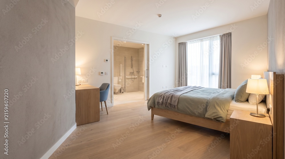 Fototapeta premium Modern accessible hotel room with spacious layout and neutral decor for inclusive travel