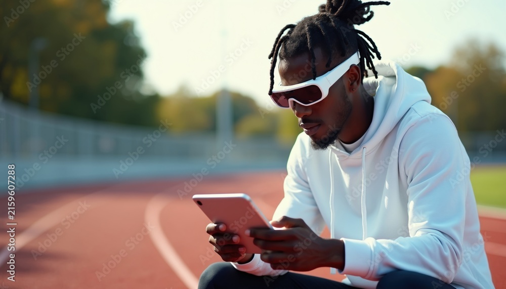 Obraz premium Young black athlete wears futuristic smart glasses holding digital tablet on outdoor running track. Man interacts with device during sports training session. Innovative gear helps monitor