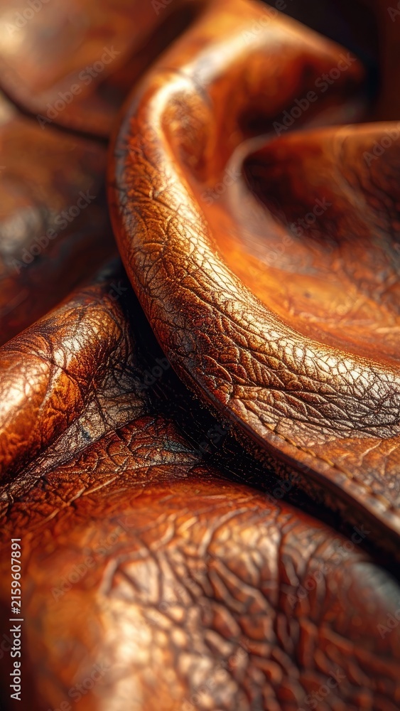 Naklejka premium Close-up of rich, textured brown leather with dynamic folds and highlights.