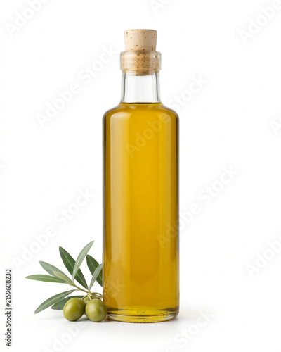 Glass Bottle of Extra Virgin Olive Oil with Fresh Olive Branch on White Background