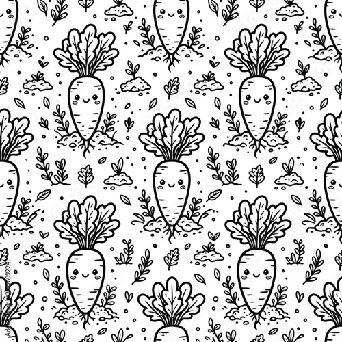 Cute Carrot Character Seamless Pattern - Kawaii Vegetable Illustration