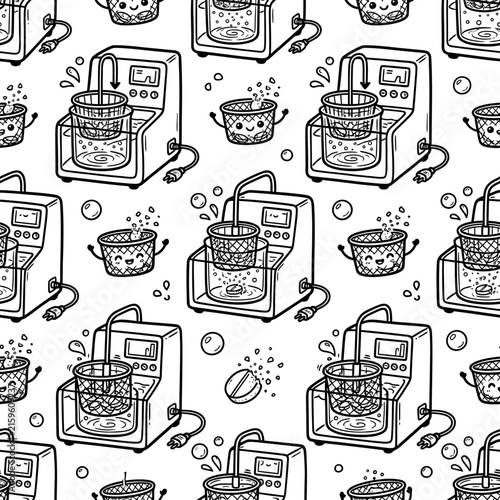 Cute Cartoon Coffee Maker with Happy Face, Kawaii Kitchen Appliance Seamless Pattern