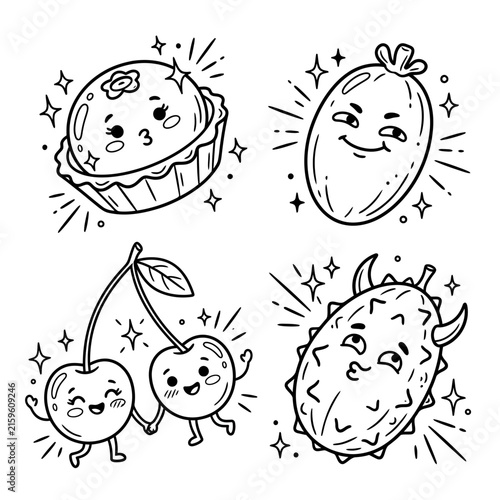 Cute Cartoon Fruit and Dessert Characters - Outline Vector Illustration