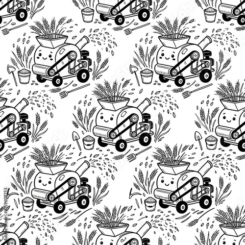 Cute Cartoon Combine Harvester with Wheat and Tools - Seamless Pattern