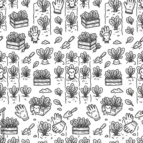 Cute Cartoon Garden Pattern: Vegetables, Gloves, Tools, Rabbits