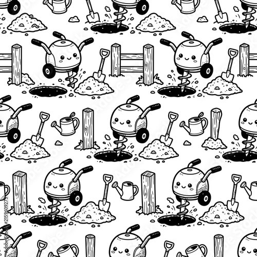 Cute Cartoon Garden Scene Seamless Pattern: Digging, Watering, Planting