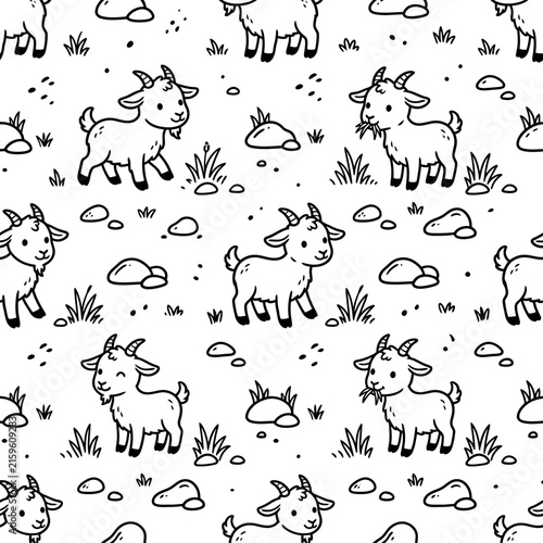 Cute Cartoon Goats Seamless Pattern, Hand-Drawn Animals on White Background