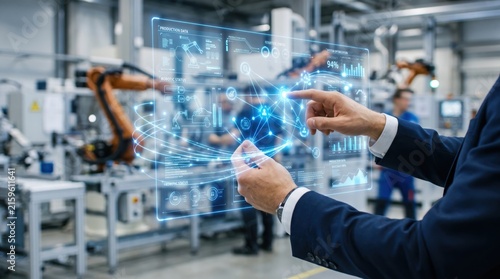 Manager using holographic interface in automated factory, production data analysis, robotic arm, smart manufacturing system, industry 4.0, business analytics dashboard