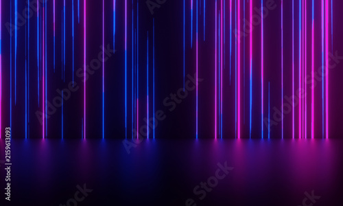 Abstract 3D futuristic background with glowing neon blue and purple lines reflecting on dark glossy surface