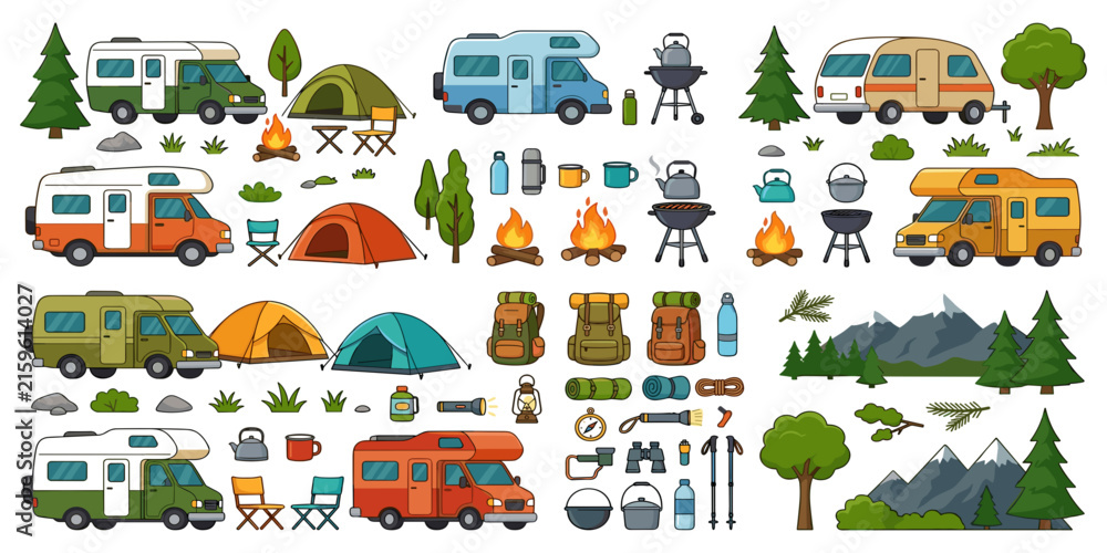 Fototapeta premium Camper van and RV camping set with tents campfires backpacks mountains and outdoor gear vector