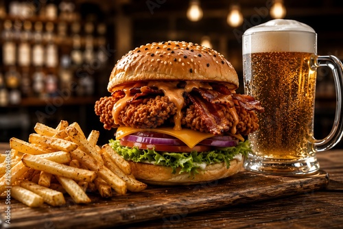 Gourmet bacon fried chicken sandwich with melted cheese red onion tomato lettuce and spicy sauce on wooden board with crispy golden french fries and cold beer.