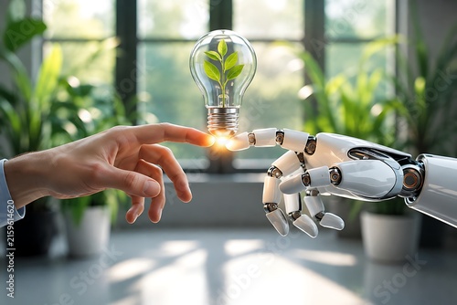 Human hand and robotic arm touching light bulb with green plant inside representing sustainable innovation eco friendly technology renewable energy artificial evolution.
