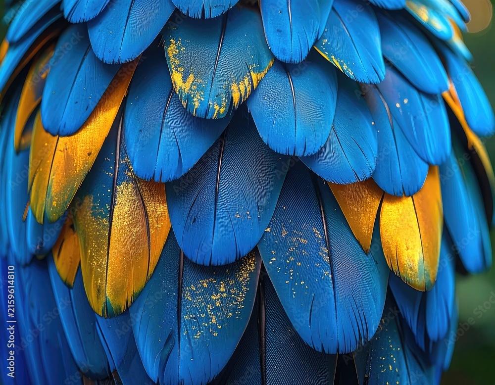 Obraz premium A close-up macro view of vibrant blue and gold macaw feathers.