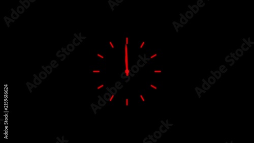Glowing neon Red analog clock face horizontal layout loop, elegant light red time indicator icon with modern hour dial symbol .ideal for time lapse concepts and motion design.