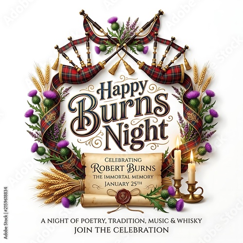 Happy Burns Night celebration poster with bagpipes, thistle flowers and vintage scroll.
