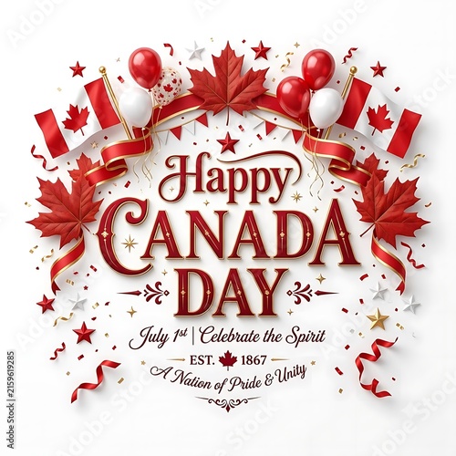 Happy Canada Day celebration poster with red maple leaves and festive national flags