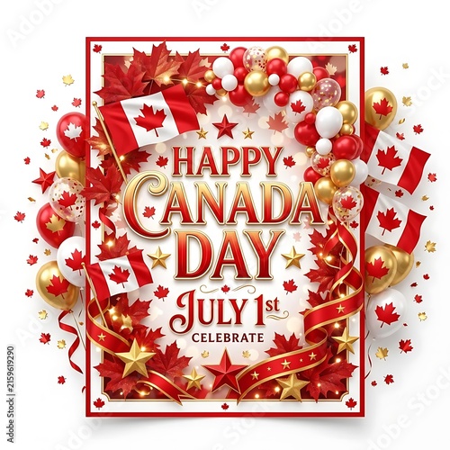 Happy Canada Day July 1st Celebration Poster with Maple Leaves and Festive Balloons