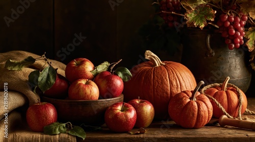 Autumn harvest bounty with pumpkins and apples arranged on a rustic wooden surface with warm moody lighting
