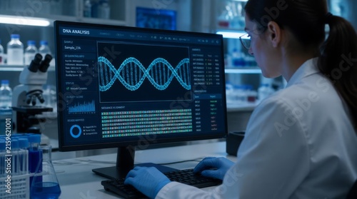 Scientist Analyzing DNA Data on Computer in Modern Laboratory