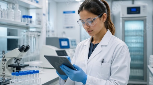 Female scientist in lab coat and safety glasses using tablet for research