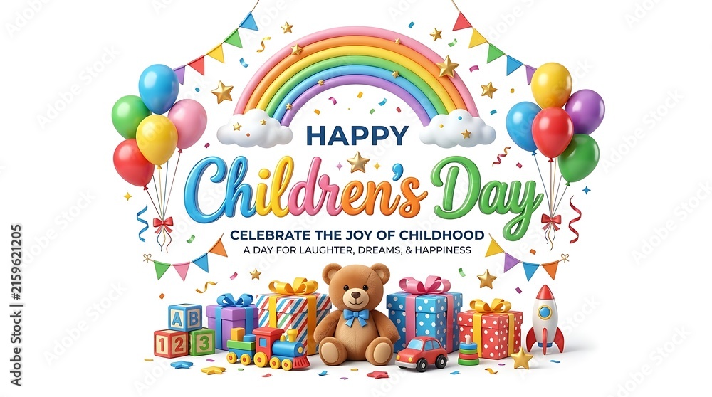 Naklejka premium Happy Childrens Day greeting card with rainbow balloons and teddy bear gift background