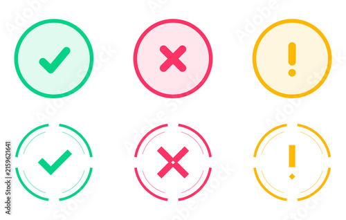 Bild auf Leinwand Set of six round icons with check mark, cross mark, and exclamation mark isolate