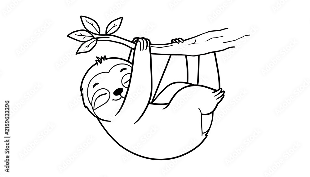 Naklejka premium Cute baby sloth hanging from a tree branch, simple black and white line art illustration.