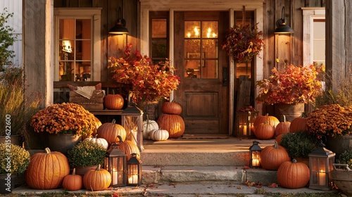 Autumn porch decorated with pumpkins and mums during golden hour with warm lantern light