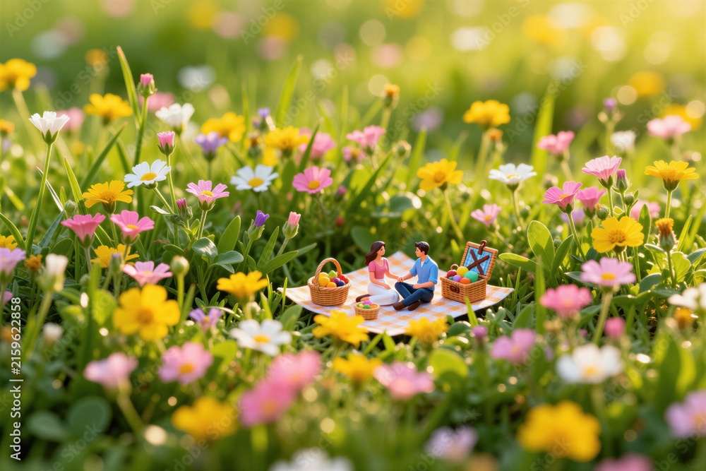 Naklejka premium Tiny couple sits on checkered blanket for romantic picnic in meadow filled with colorful wildflowers. Miniature man, woman spend sunny day together outdoors among green grass, bright blossoms.