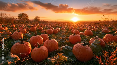 Autumn pumpkin patch at sunset with golden light and dramatic clouds over a rural field
