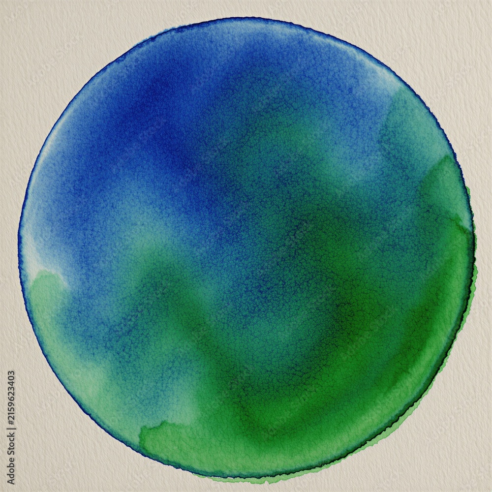 Fototapeta premium Round watercolor painting blue green gradient on textured paper. Abstract circle shape with fluid paint effect. Organic texture, soft edges, wet brush strokes.