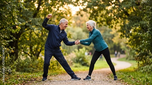 Cheerful active senior couple holding hands and stretching together on a park path at golden hour. Healthy aging lifestyle concept