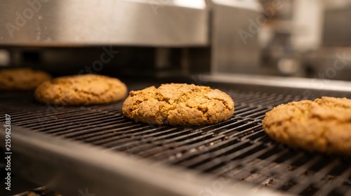 Cookies baking on a conveyor belt in food factory.