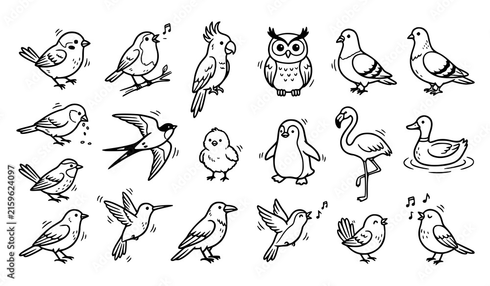 Obraz premium Cute Bird Illustration Collection with Sparrow Pigeon Owl Flamingo Penguin and Hummingbird Characters in Various Poses