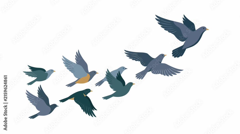 Fototapeta premium Dynamic illustration of a flock of stylized birds soaring gracefully through the sky, depicting freedom, unity, and natural migration patterns in a beautiful group flight