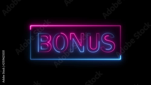 Glowing pink and blue neon BONUS text animation icon, retro neon light sign for rewards and promotions, 4k motion graphic loop