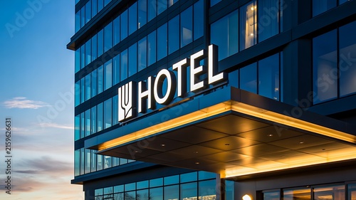 Modern hotel entrance with illuminated signage at evening